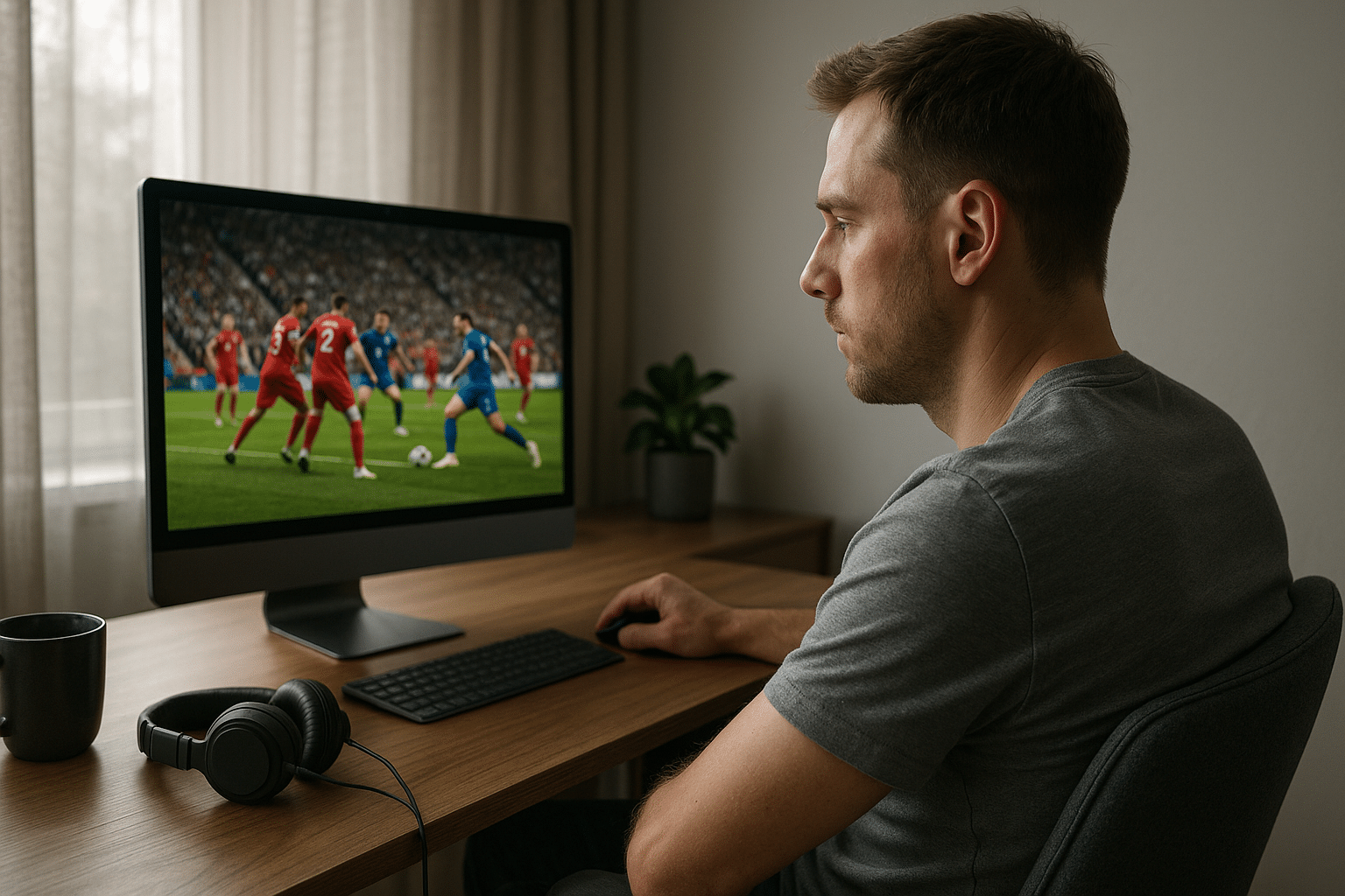 homme qui regarde un match de foot sur l'ordinateur en stream